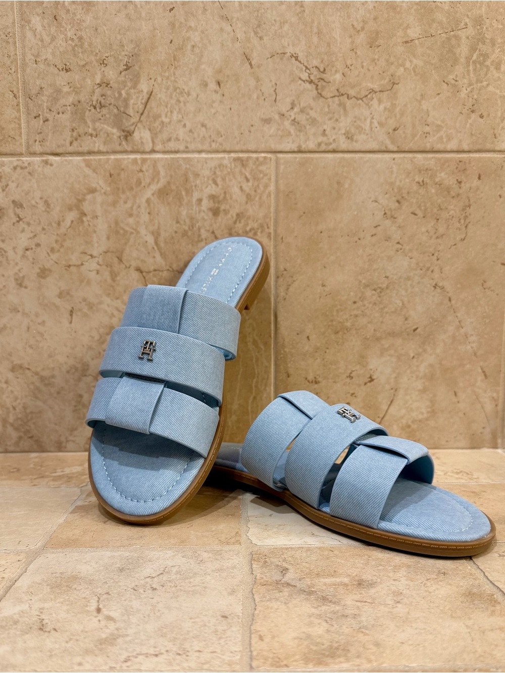 Tommy Hilfiger Light Blue Woven Slide Sandals